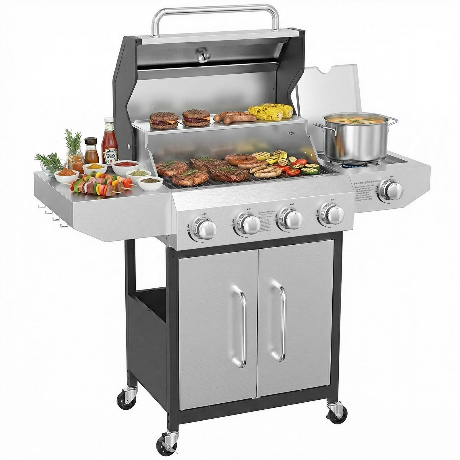 SIXDAY 4-Burner Gas Grill with Side Burner, 60,000 BTU Stainless Steel Propane BBQ Grill, Outdoor Flat Top Grill with Wheels and Side Shelves (No ratings yet)