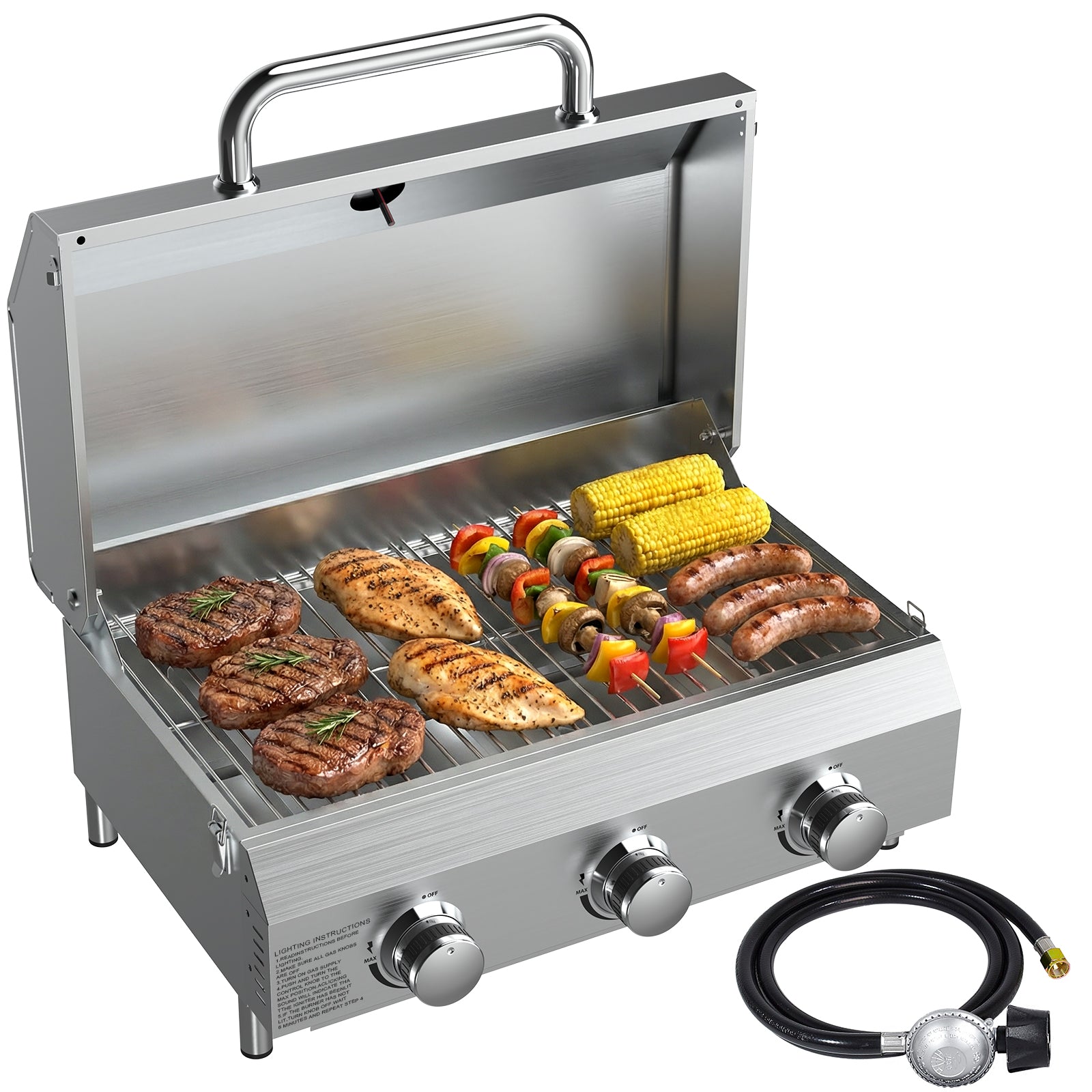 SIXDAY 3-Burner Tabletop Gas Grill, 30,000 BTU Portable Propane Grill with Stainless Steel Knobs & Heavy-Duty Grates