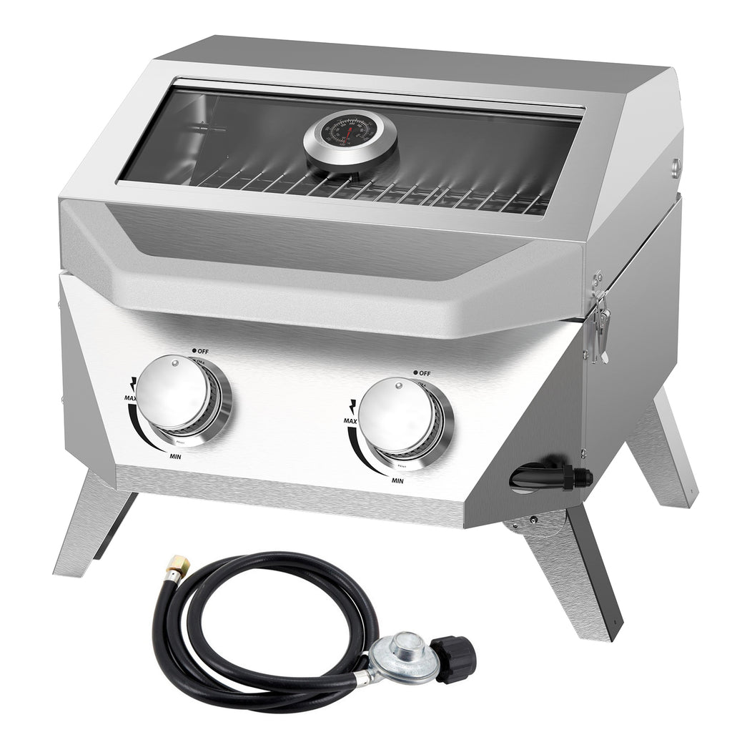 SIXDAY 2-Burner Tabletop Gas Grill with Viewing Glass Lid, 20,000 BTU Portable BBQ Grill with Thermometer and Push-Button Ignition for Camping, RV, Patio, Tailgating