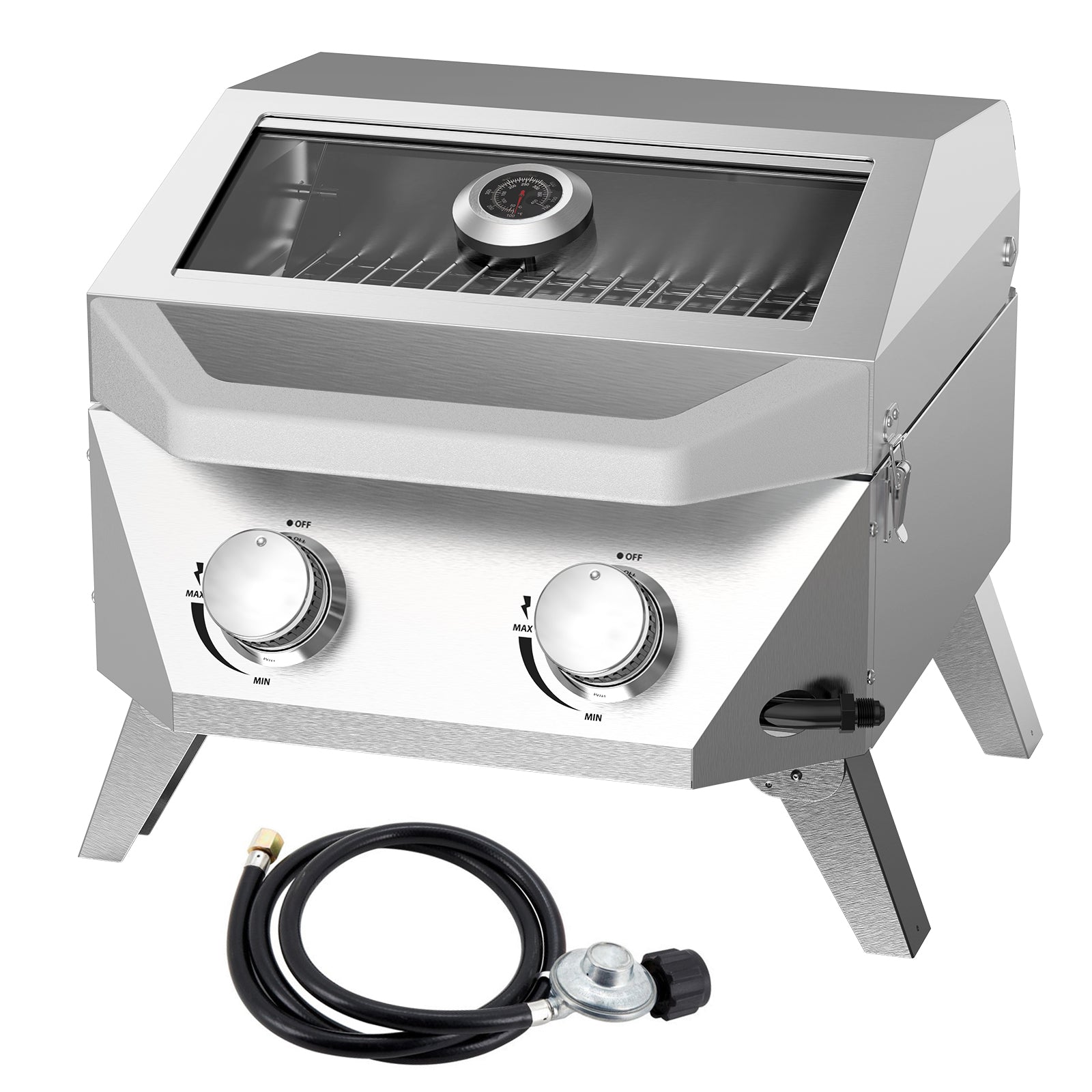 SIXDAY 2-Burner Tabletop Gas Grill with Viewing Glass Lid, 20,000 BTU Portable BBQ Grill with Thermometer and Push-Button Ignition for Camping, RV, Patio, Tailgating