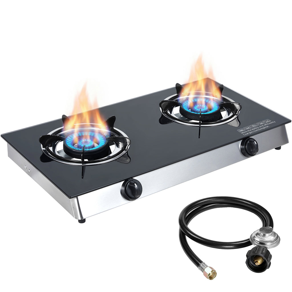 SIXDAY 2 Burner Propane Gas Cooktop, 19,000 BTU Portable Tempered Glass Stove with Auto Ignition, CSA Regulator & Hose