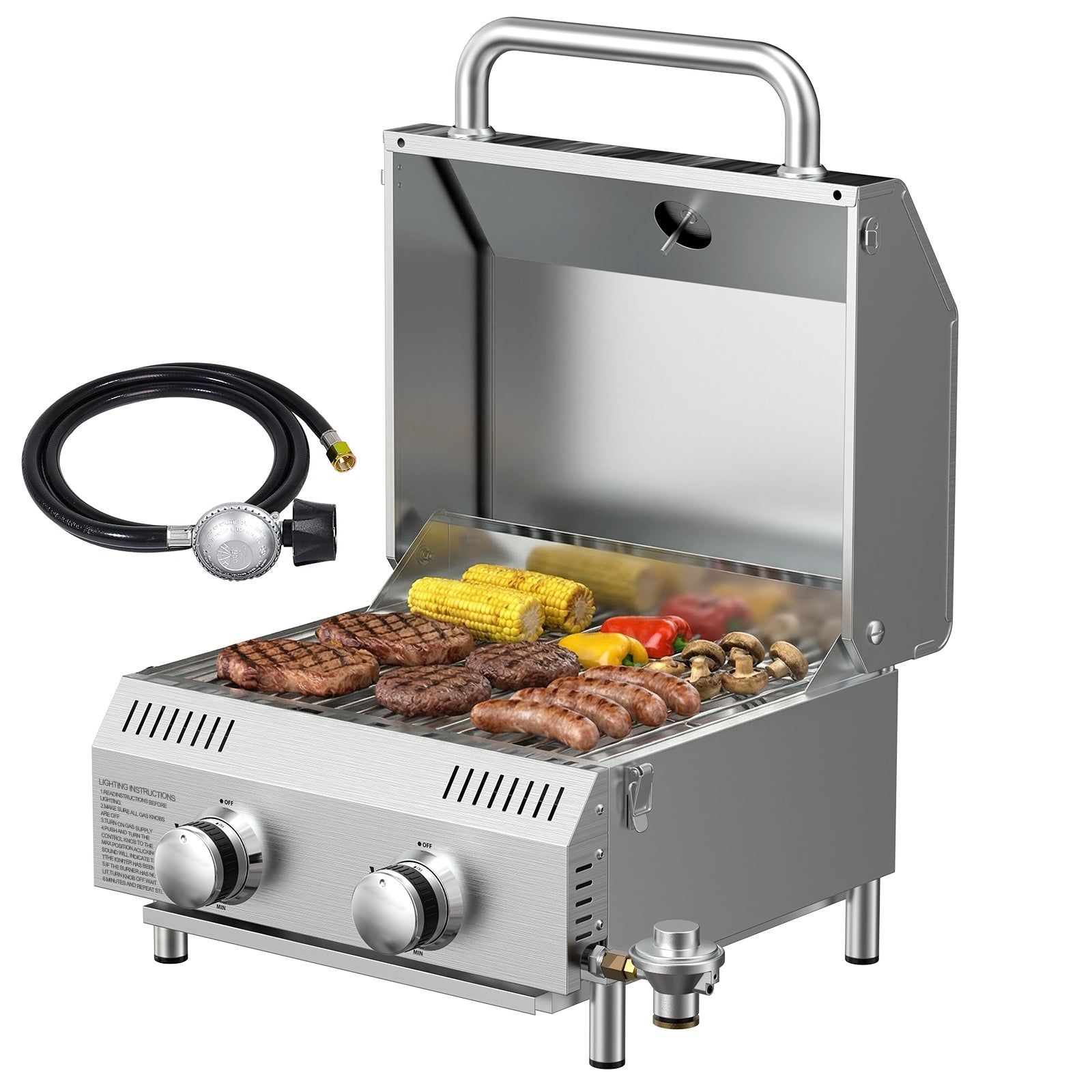 SIXDAY 2-Burner Propane Gas Grill, 20,000 BTU Stainless Steel Tabletop BBQ Grill with Dual Fuel Adapter for Outdoor, Camping & RV Cooking