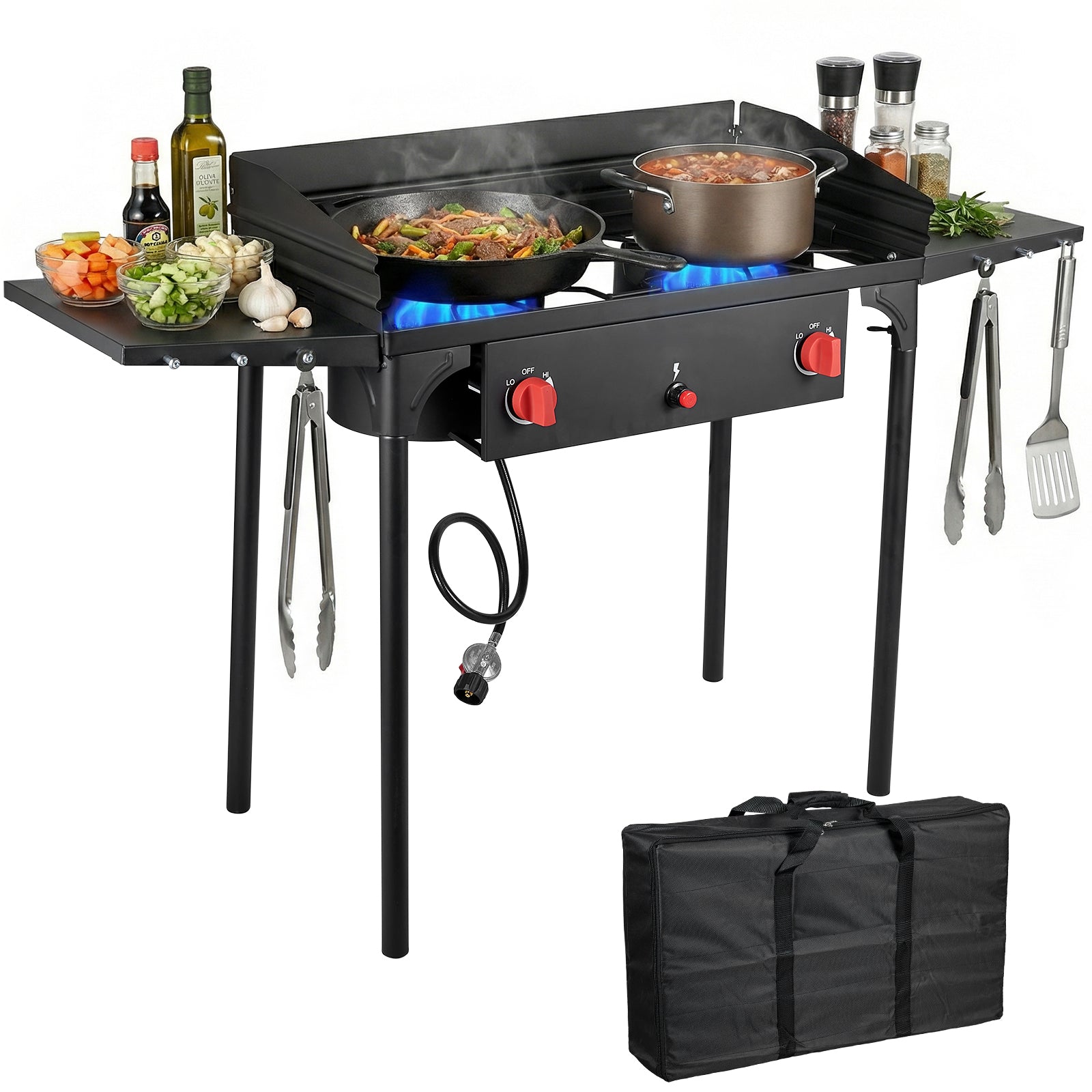 SIXDAY 2 Burner Gas Stove with Wind Panel & Side Sleeve, 150,000 BTU, Removable Legs & Auto Ignition Button, Carrying Bag
