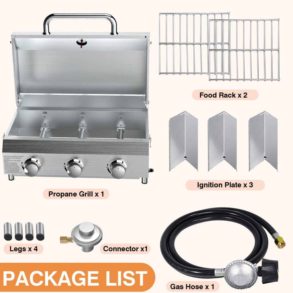 SIXDAY Portable 3-Burner Gas BBQ Grill with Dual Fuel Adapter, 22,500 BTU Stainless Steel Tabletop Grill for Outdoor Cooking, Camping & RV