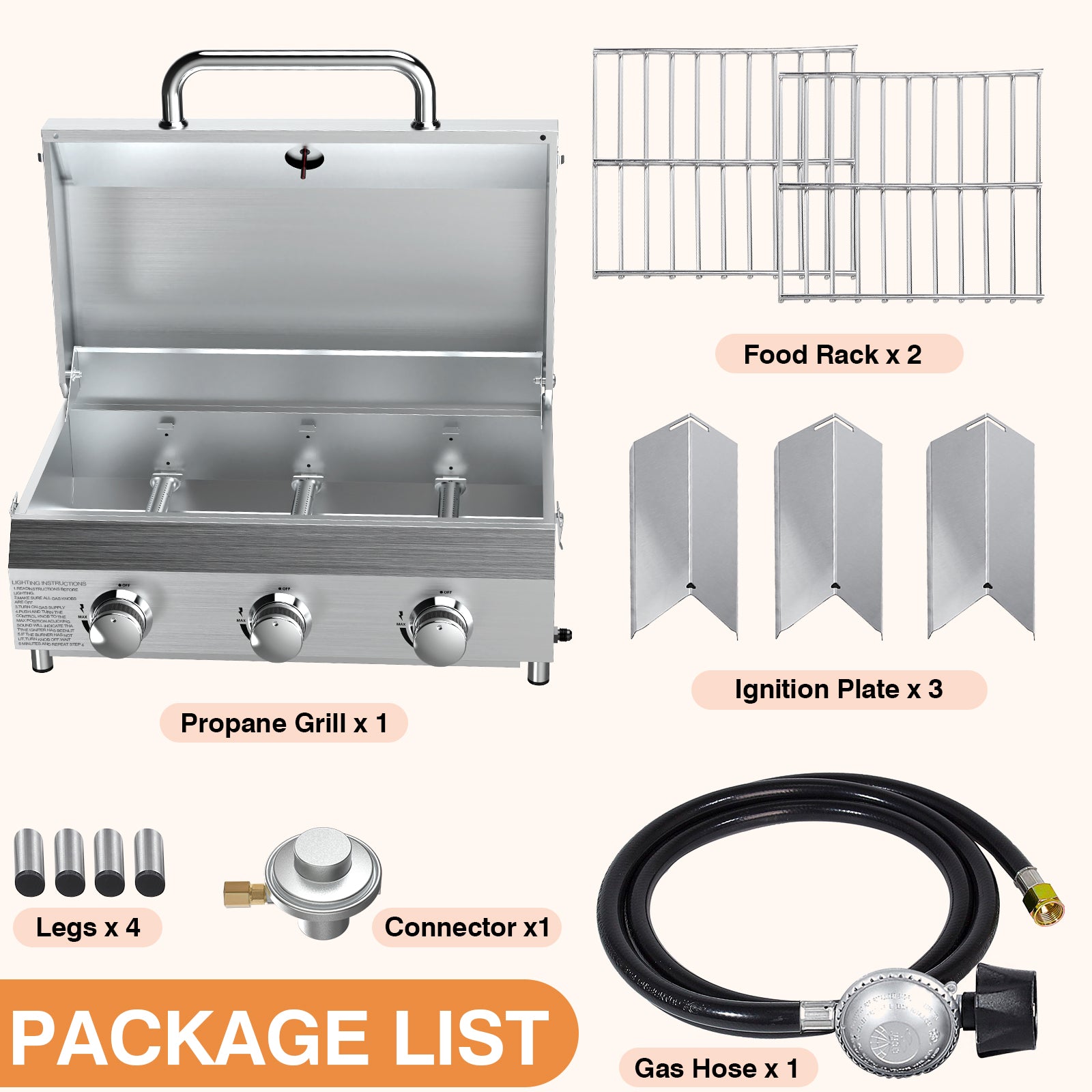SIXDAY Portable 3-Burner Gas BBQ Grill with Dual Fuel Adapter, 22,500 BTU Stainless Steel Tabletop Grill for Outdoor Cooking, Camping & RV