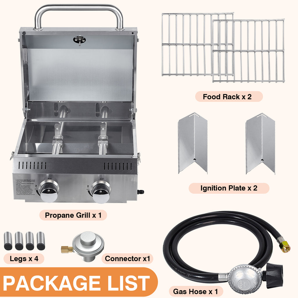 SIXDAY 2-Burner Propane Gas Grill, 20,000 BTU Stainless Steel Tabletop BBQ Grill with Dual Fuel Adapter for Outdoor, Camping & RV Cooking