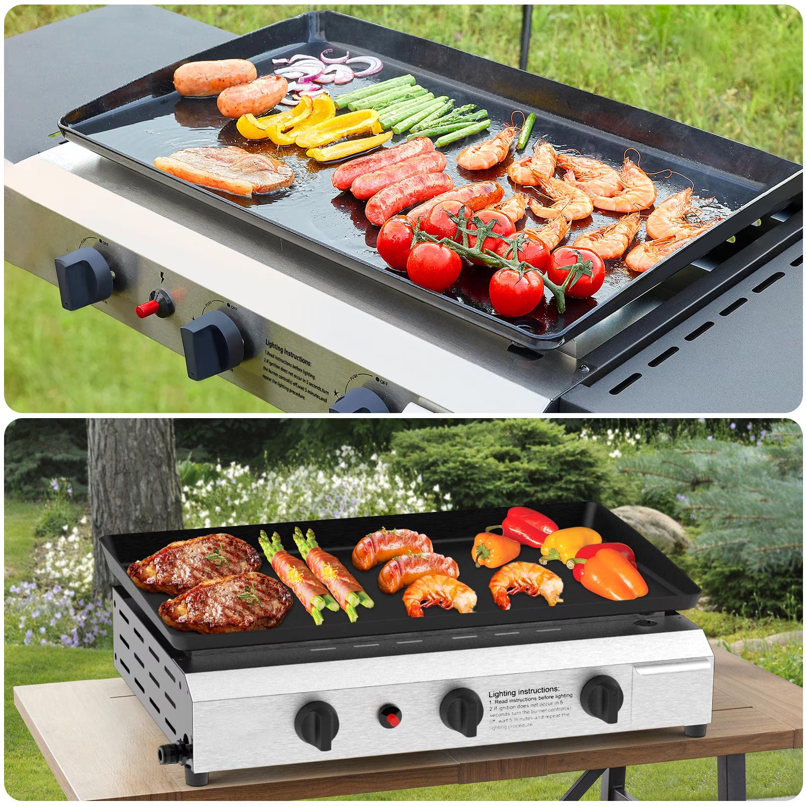 SIXDAY 3 Burner Flat Top Gas Grill, 30,000 BTU Portable Propane Griddle with Auto Ignition, Stainless Steel Body, 319 Sq.in Cooking Surface, Tabletop Grill for Camping, BBQ & Outdoor Cooking