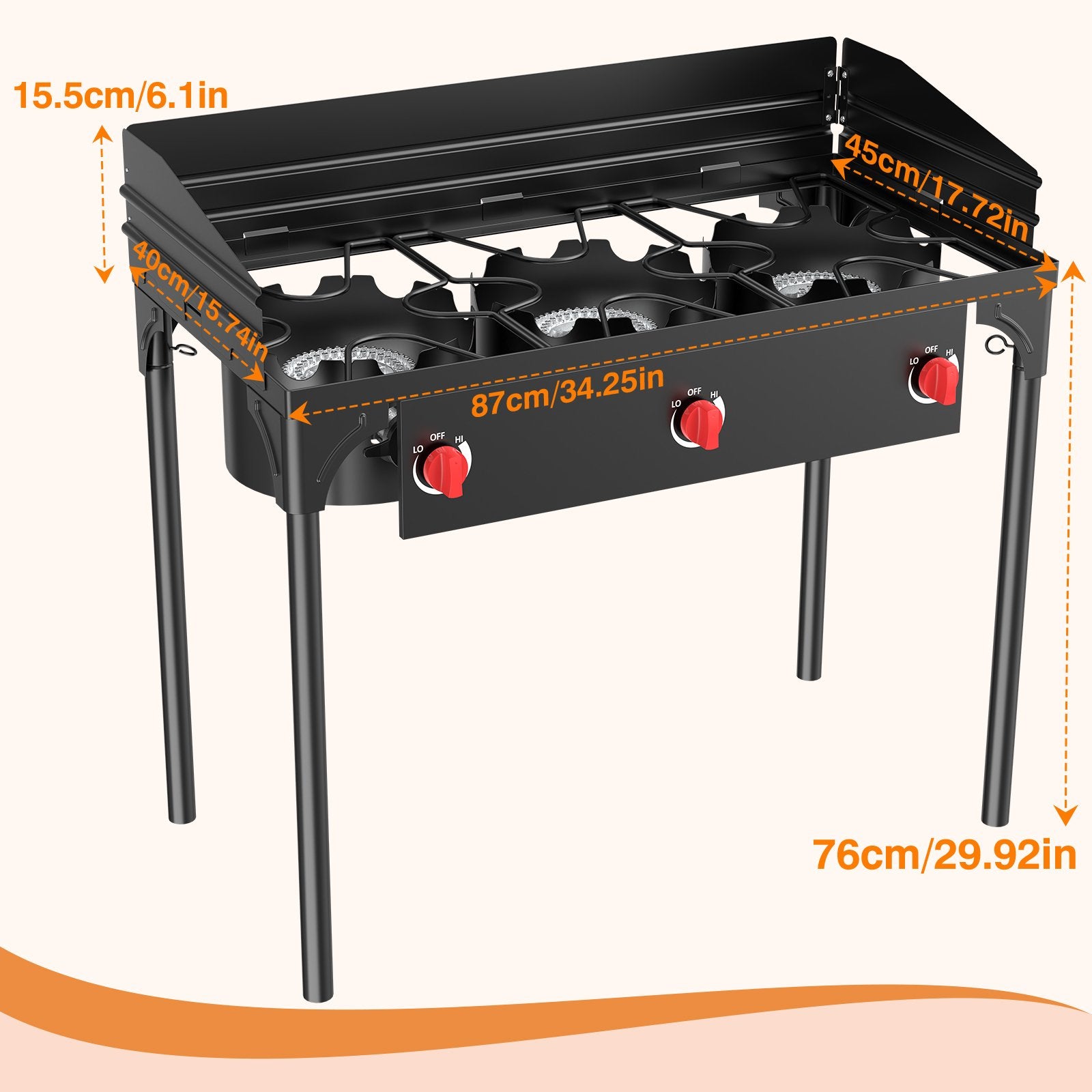 SIXDAY 3 Burner Propane Outdoor Stove with Wind Guards, 225,000 BTU Portable Gas Cooker with Removable Legs, High Pressure Camping Stove for Outdoor Cooking, Tailgating & Frying