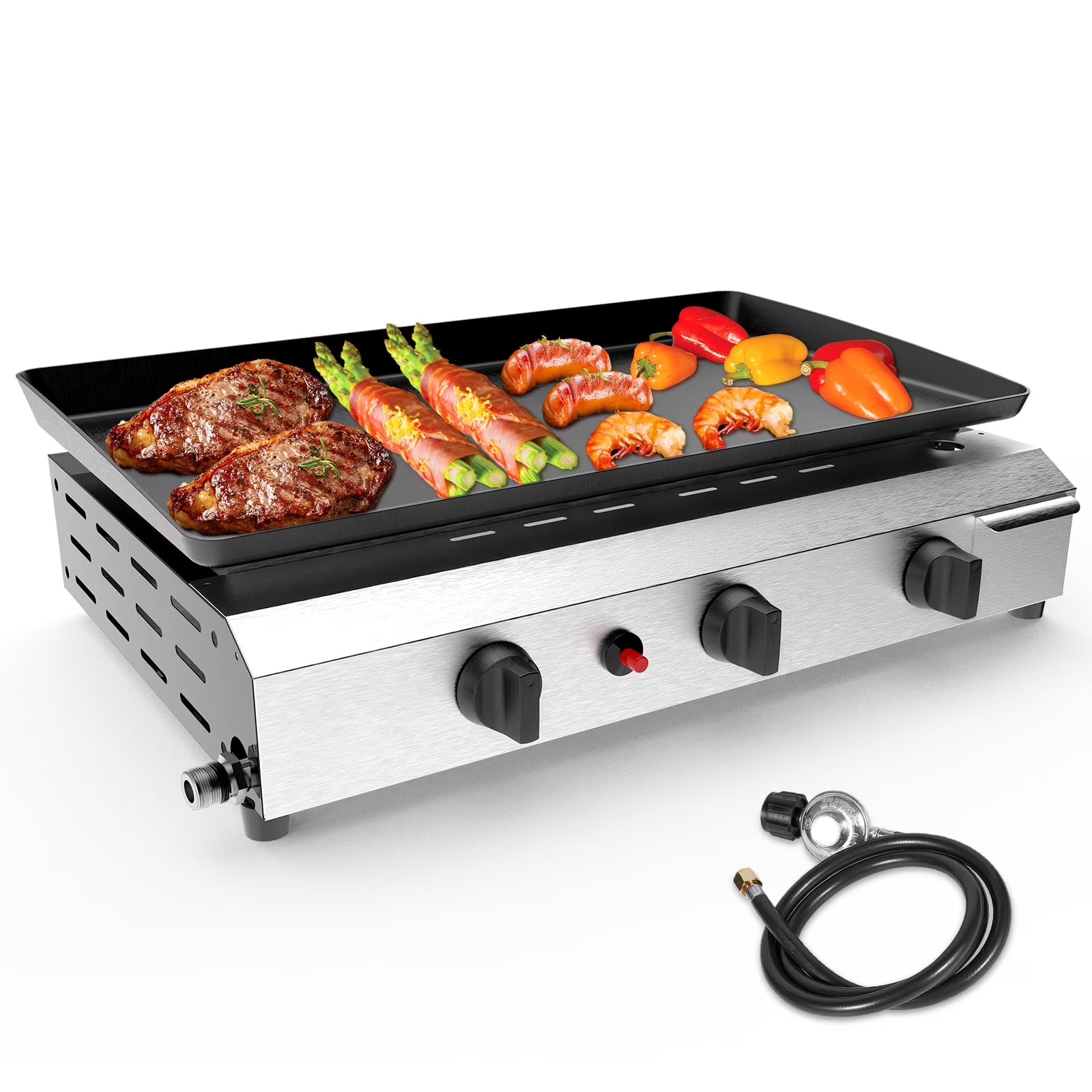 SIXDAY 3 Burner Flat Top Gas Grill, 30,000 BTU Portable Propane Griddle with Auto Ignition, Stainless Steel Body, 319 Sq.in Cooking Surface, Tabletop Grill for Camping, BBQ & Outdoor Cooking