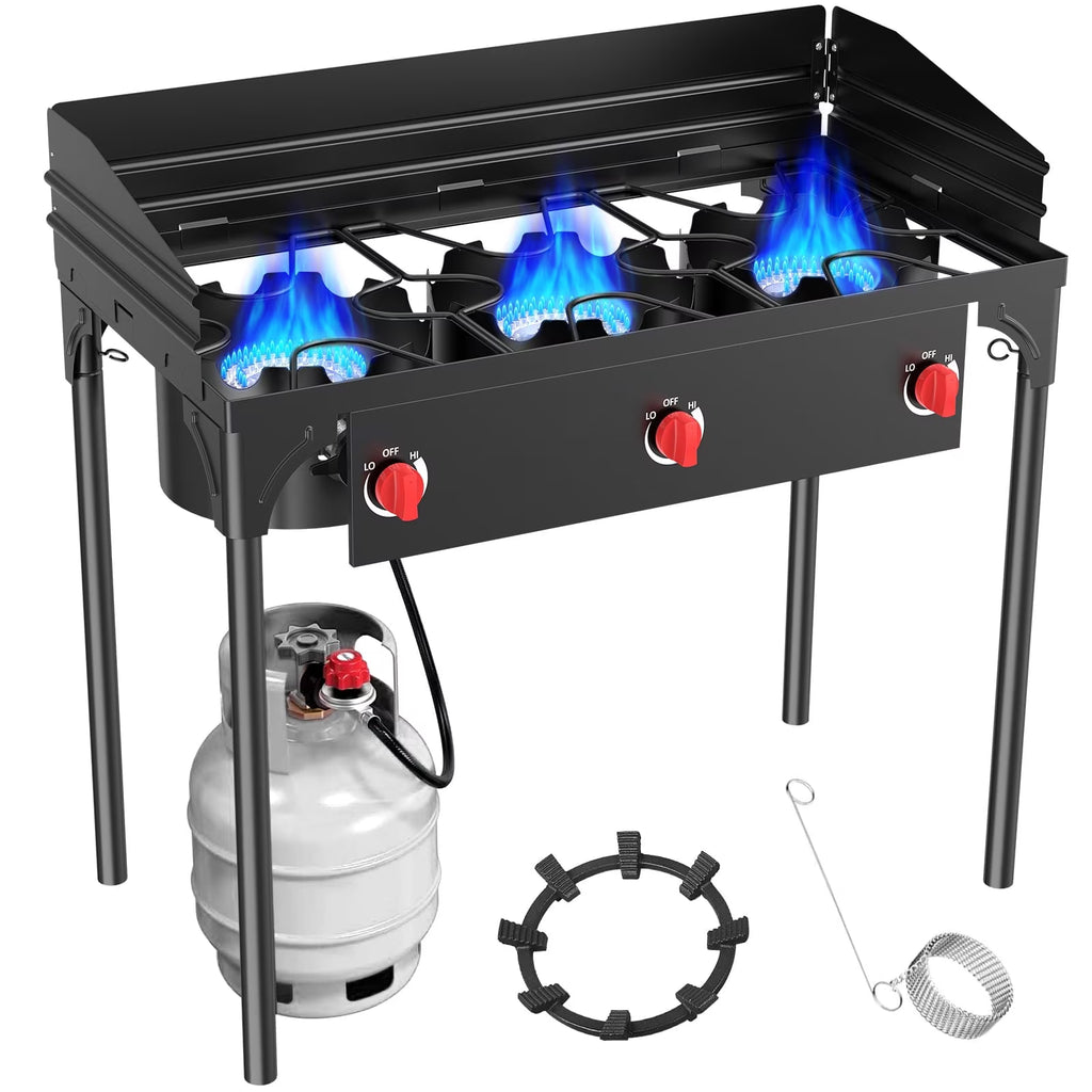 SIXDAY 3 Burner Propane Outdoor Stove with Wind Guards, 225,000 BTU Portable Gas Cooker with Removable Legs, High Pressure Camping Stove for Outdoor Cooking, Tailgating & Frying