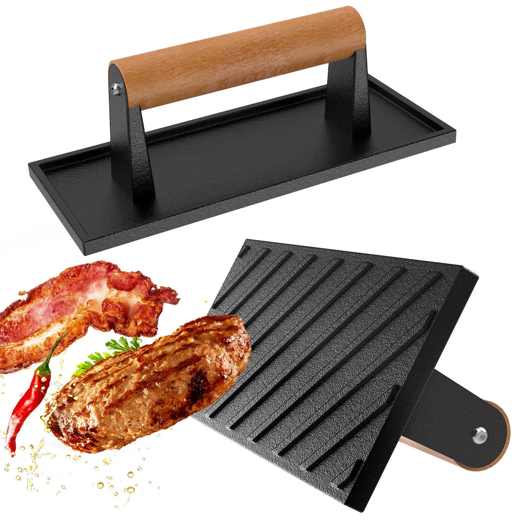 SIXDAY Cast Iron Smash Burger Press with Wood Handle, 8.5" x 3.1" Rectangular Grill Press for Burgers, Bacon, Steaks, and Sandwiches - 1Pcs