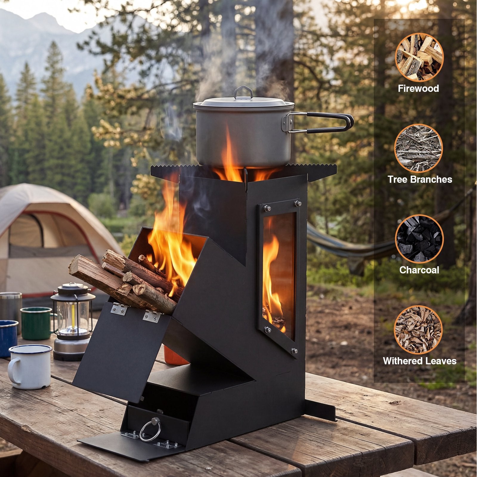 SIXDAY Rocket Stove with Glass Window, Portable Wood Burning Stove for Outdoor Cooking, Heavy Duty Camping Stove for Backyard BBQ, Hiking, Survival & Emergency Preparedness