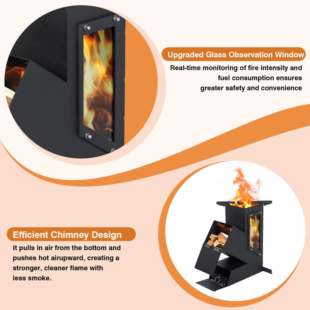 SIXDAY Rocket Stove with Glass Window, Portable Wood Burning Stove for Outdoor Cooking, Heavy Duty Camping Stove for Backyard BBQ, Hiking, Survival & Emergency Preparedness