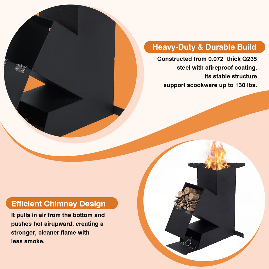 SIXDAY Rocket Stove Portable Wood Burning Stove, Heavy Duty Outdoor Cooking Stove with Steel Construction, Camping Grill for Backyard Cooking, Hiking & Emergency Preparedness