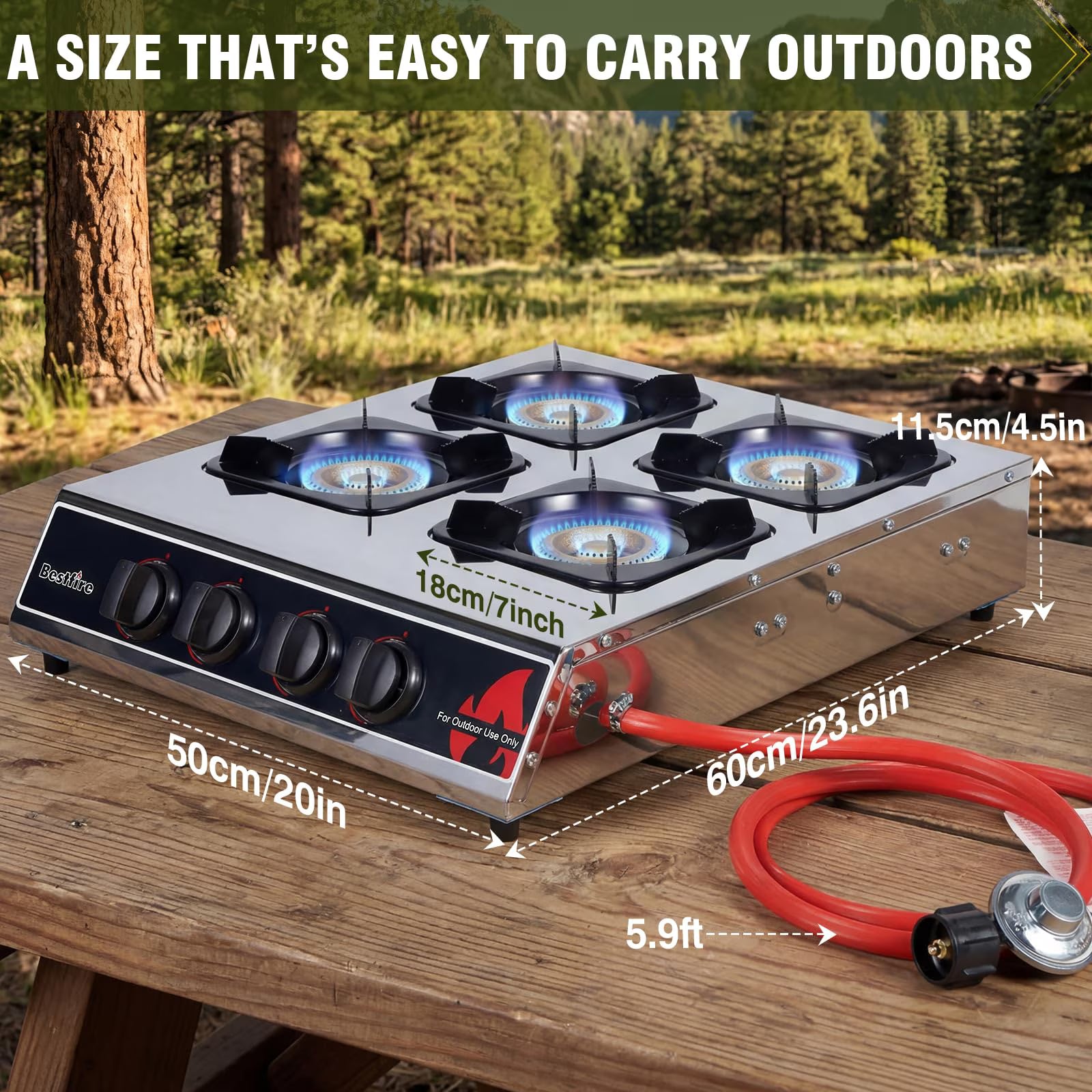 SIXDAY 4 Burner Propane Gas Stove, 40,000 BTU Portable Outdoor Cooktop with Stainless Steel Surface, Enamel Pan Supports, Electronic Ignition, Regulator & Hose for Camping, BBQ & Outdoor Cooking