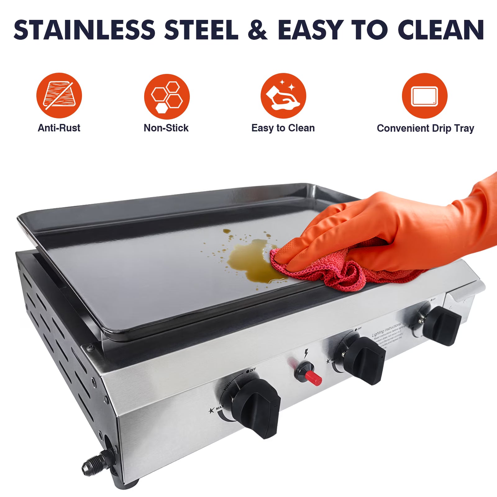 SIXDAY 3 Burner Flat Top Gas Grill, 30,000 BTU Portable Propane Griddle with Auto Ignition, Stainless Steel Body, 319 Sq.in Cooking Surface, Tabletop Grill for Camping, BBQ & Outdoor Cooking