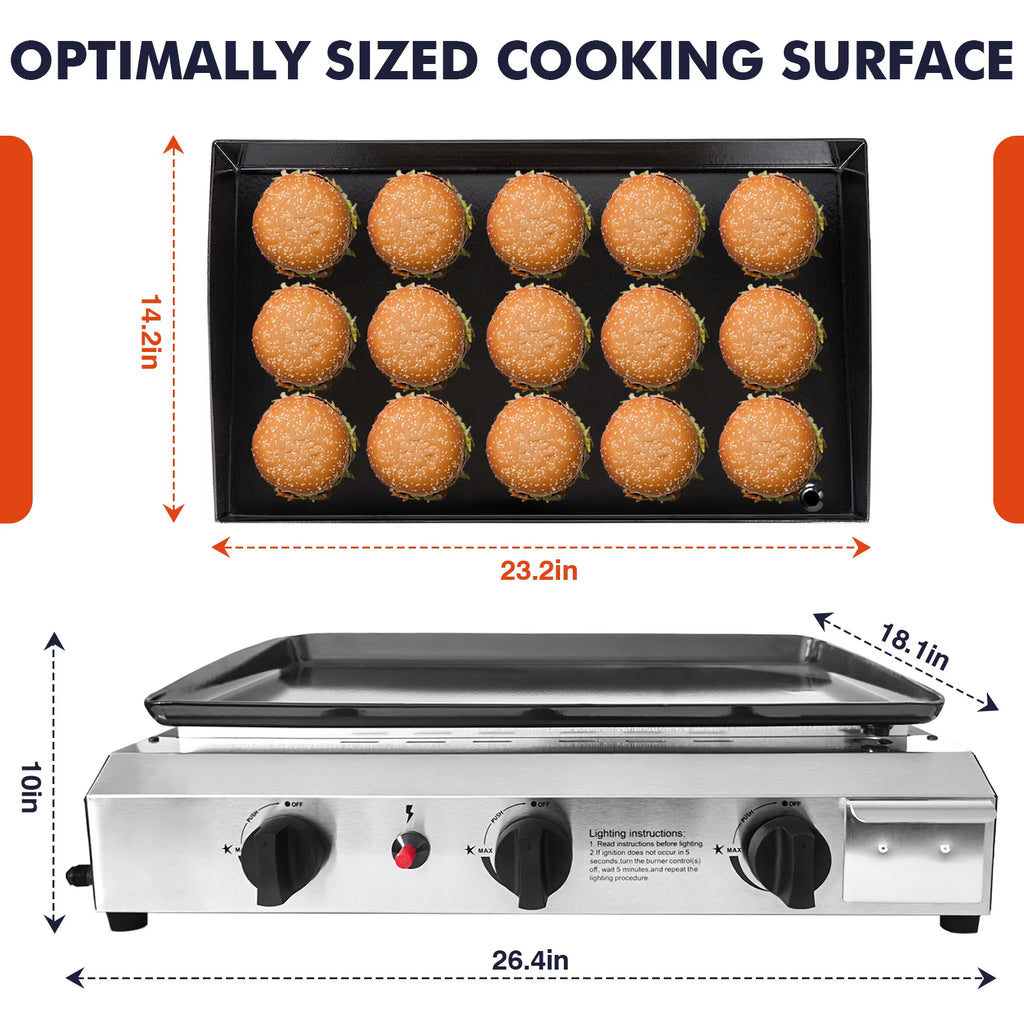 SIXDAY 3 Burner Flat Top Gas Grill, 30,000 BTU Portable Propane Griddle with Auto Ignition, Stainless Steel Body, 319 Sq.in Cooking Surface, Tabletop Grill for Camping, BBQ & Outdoor Cooking