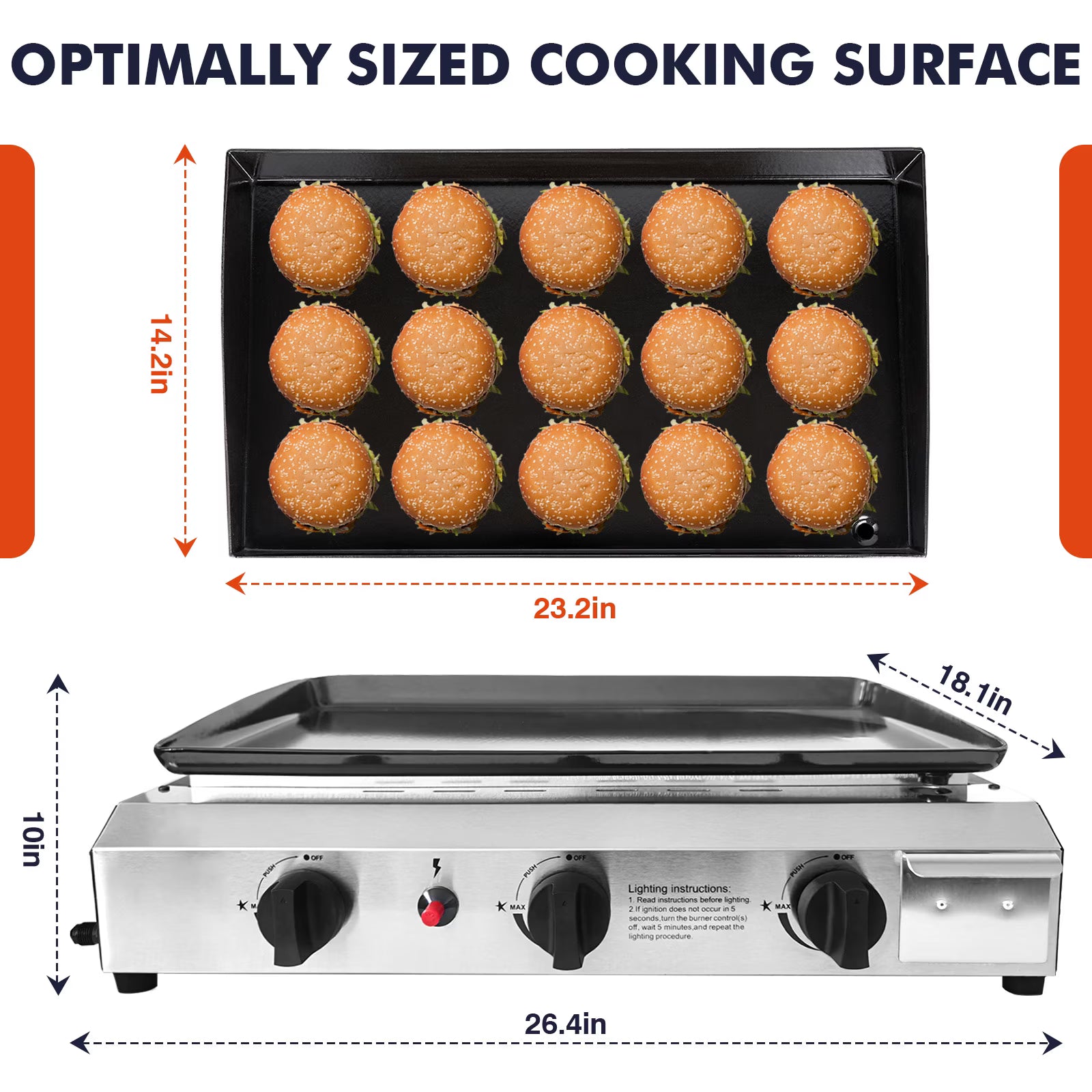 SIXDAY 3 Burner Flat Top Gas Grill, 30,000 BTU Portable Propane Griddle with Auto Ignition, Stainless Steel Body, 319 Sq.in Cooking Surface, Tabletop Grill for Camping, BBQ & Outdoor Cooking