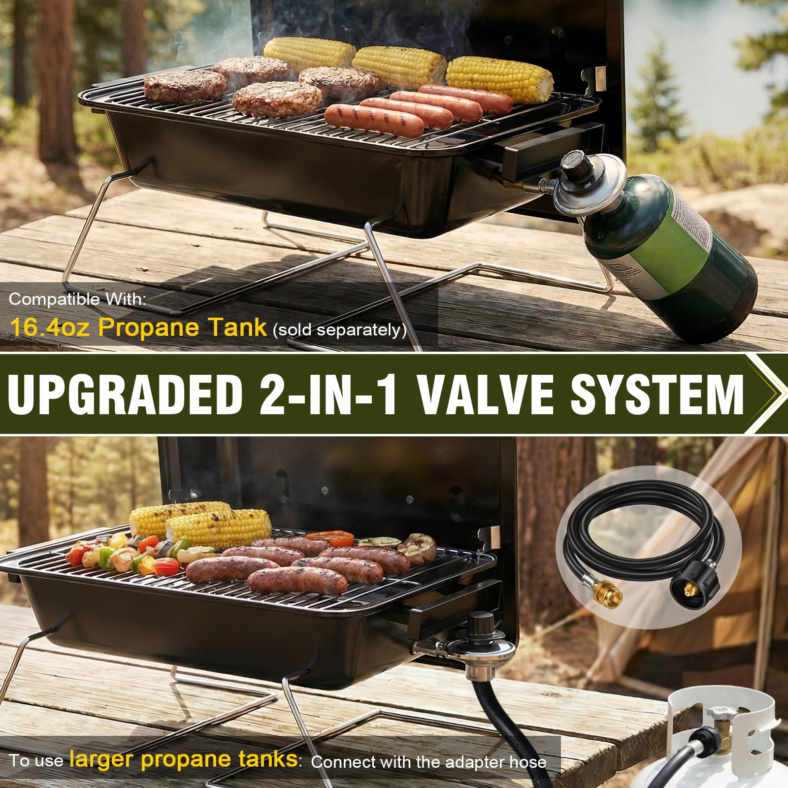 Sixday Portable Propane Gas Grill with 2-in-1 Valve, Foldable Legs, Adjustable Regulator - Heavy Duty, Compatible with 20-lb & 1-lb Propane Tanks for Outdoor Use