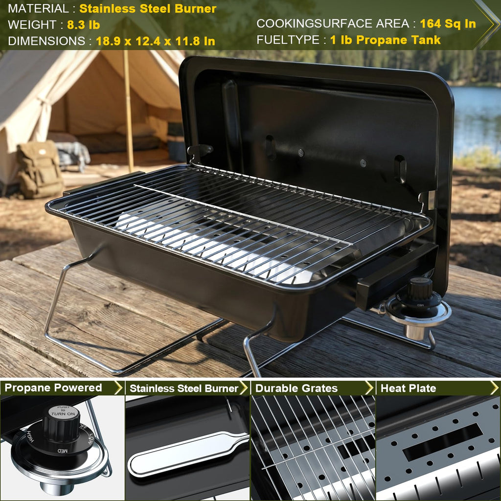 Sixday Portable Propane Gas Grill with 2-in-1 Valve, Foldable Legs, Adjustable Regulator - Heavy Duty, Compatible with 20-lb & 1-lb Propane Tanks for Outdoor Use