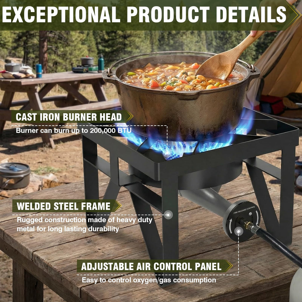 SIXDAY 200,000 BTU Heavy Duty Propane Burner, Outdoor Gas Stove with 0-20 PSI Adjustable Regulator and Black Hose for Turkey Frying, Home Brewing, Camping & Backyard Cooking
