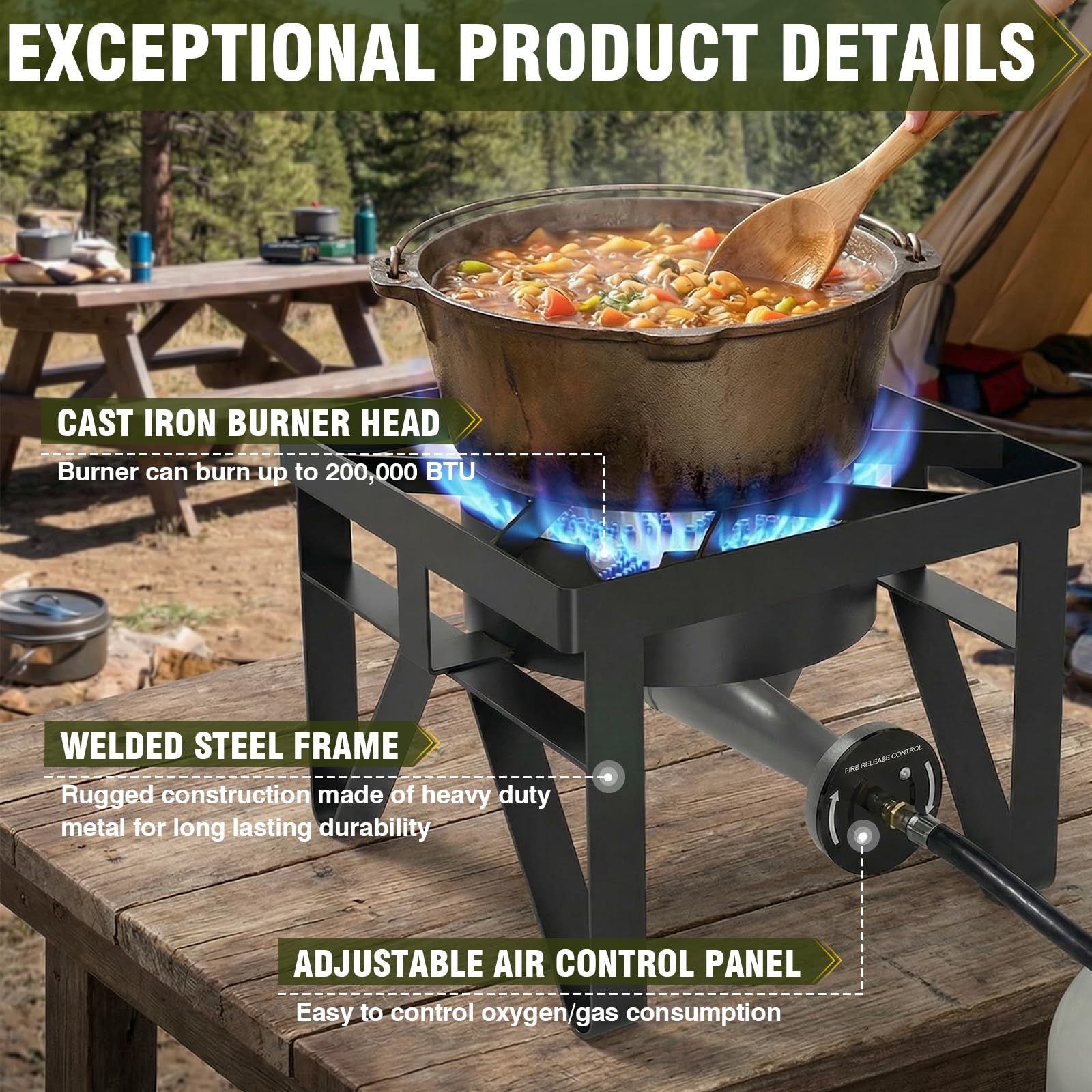 SIXDAY 200,000 BTU Heavy Duty Propane Burner, Outdoor Gas Stove with 0-20 PSI Adjustable Regulator and Black Hose for Turkey Frying, Home Brewing, Camping & Backyard Cooking