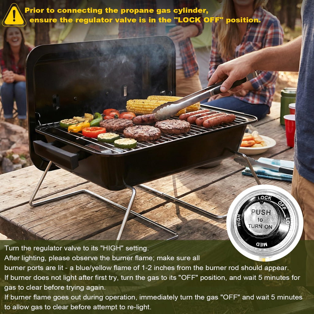 Sixday Portable Propane Gas Grill with 2-in-1 Valve, Foldable Legs, Adjustable Regulator - Heavy Duty, Compatible with 20-lb & 1-lb Propane Tanks for Outdoor Use