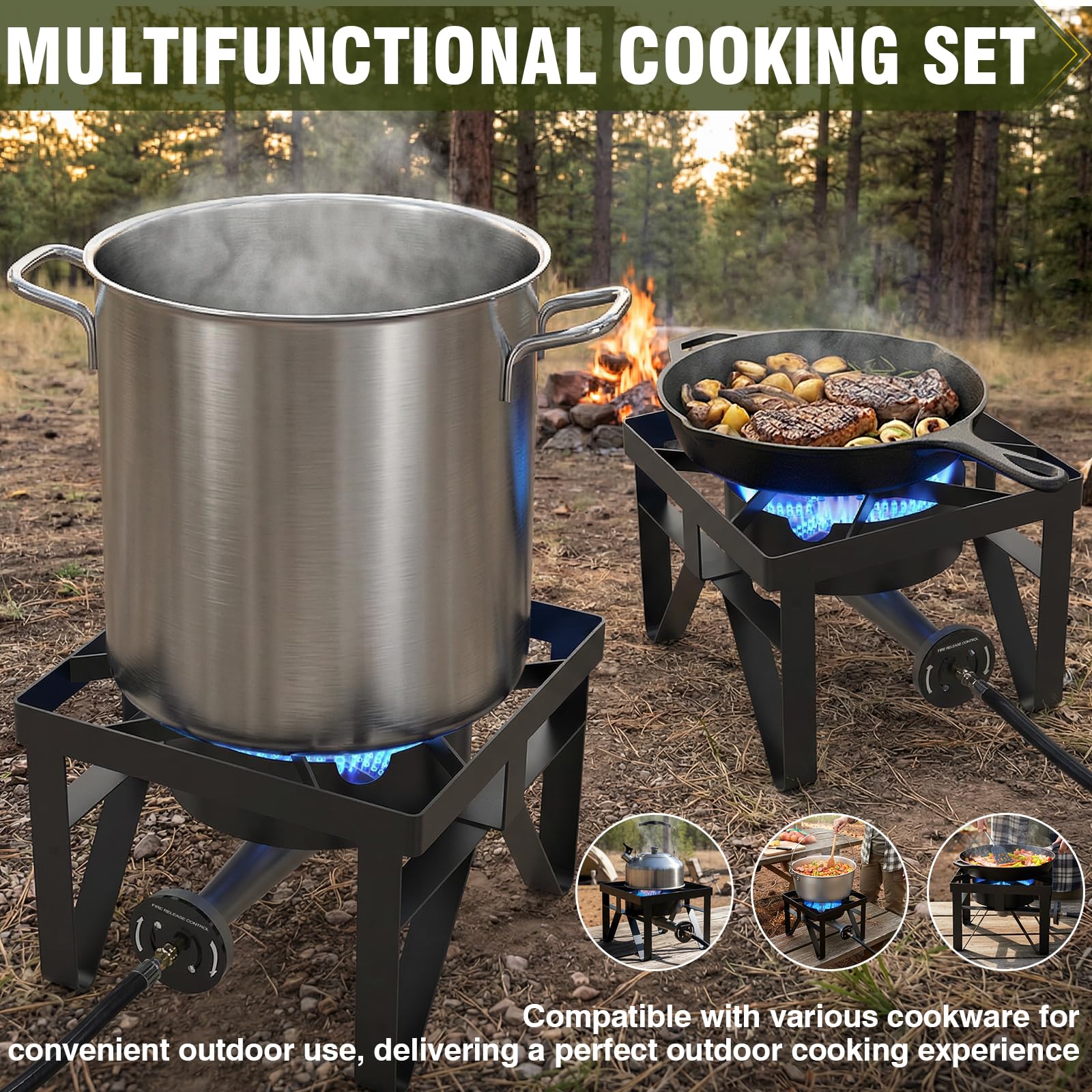 SIXDAY 200,000 BTU Heavy Duty Propane Burner, Outdoor Gas Stove with 0-20 PSI Adjustable Regulator and Black Hose for Turkey Frying, Home Brewing, Camping & Backyard Cooking