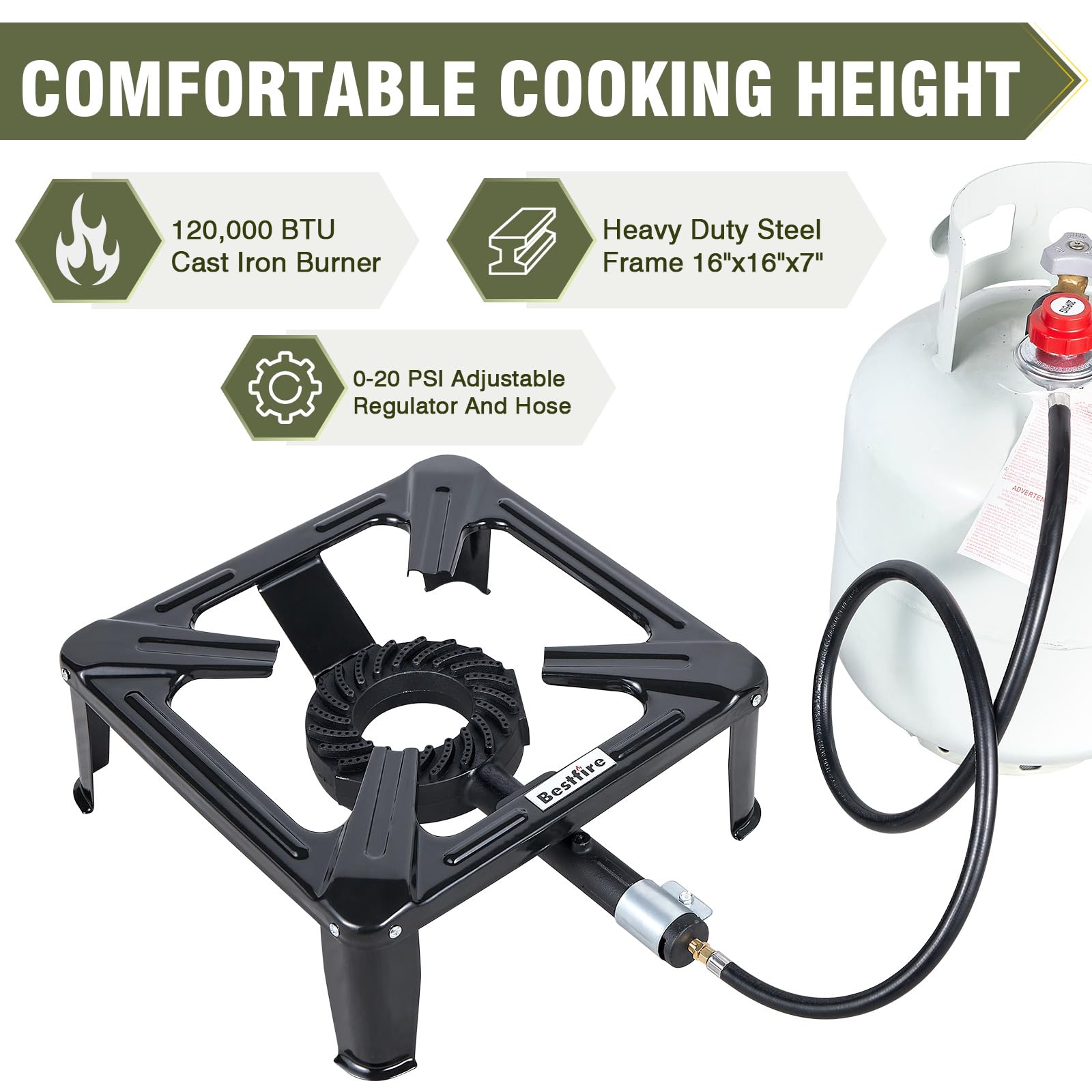 SIXDAY 120,000 BTU Single Propane Stove, High Power Propane Burner, 16" Steel Cooktop with 4.1ft Adjustable Hose for Fast & Efficient Outdoor Cooking